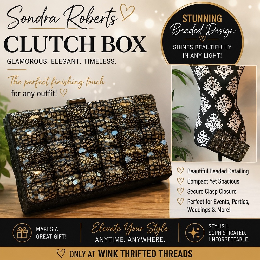 Sondra Roberts Evening Clutch Box Bag Beaded Metallic Black Gold Wedding Guestโ